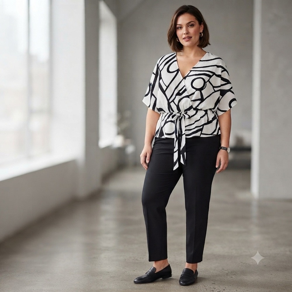 Sweet Rain Abstract‎ Wrap Blouse Womens 1X White Black Geometric Modern Chic Art